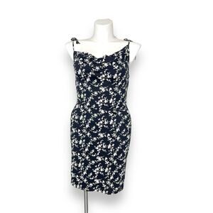 Vintage Esprit women's black floral print mini dress draped neckline M 90's